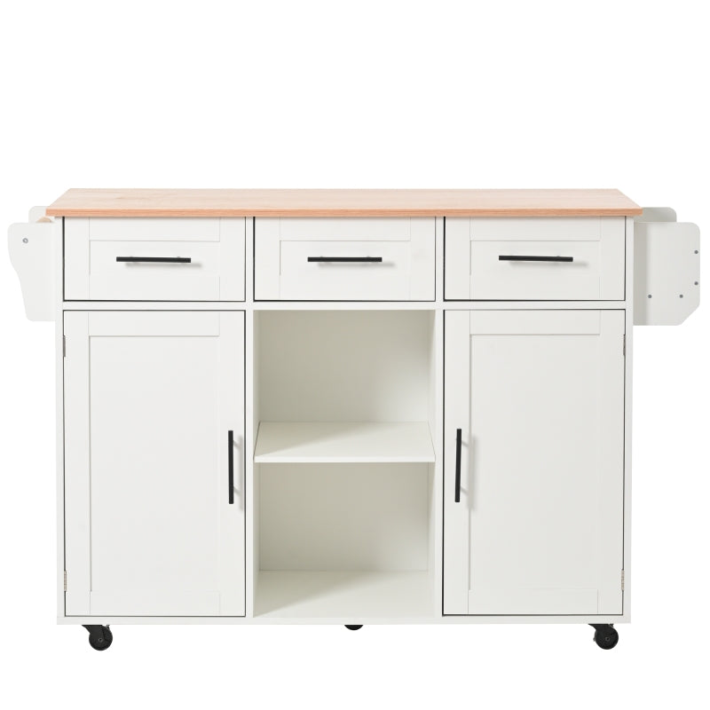 139x46(71)x91,5 cm großer Esswagen/Anrichte, Korpus weiß + Arbeitsplatte in Massivholzmaserung, klappbare Arbeitsplatte, Ablagetür, Rollen, auswechselbare Massivholzfüße, geeignet für Esszimmer, Küche