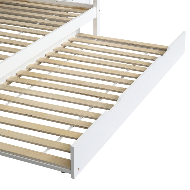 Etagenbett mit Rollbett, Kinderbett mit Leiterschrank und Handlauf, mit Fallschutzgitter an allen Seiten, Kiefer+MDF, Weiß, 90x190CM Rollbett, 90/120x200CM