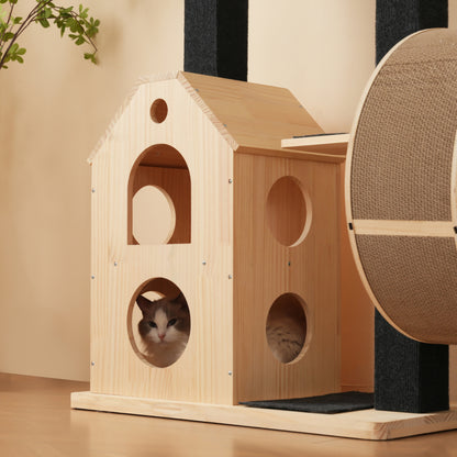 Katzenbaum aus Massivholz mit Laufrad mit 4 Plattformen, 2 Katzenhäusern, Sisalpfosten & waschbaren Kratzmatten, 80×40×152 cm