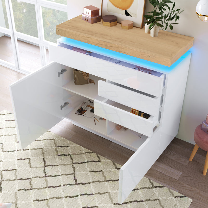 Kommode, Hochglanz Sideboard mit 2 Türen und 3 Schubladen, LED Beleuchtung (App Control), Mehrzweckschrank für Wohnzimmer und Schlafzimmer, 115 x 110 x 39 cm, Weiß