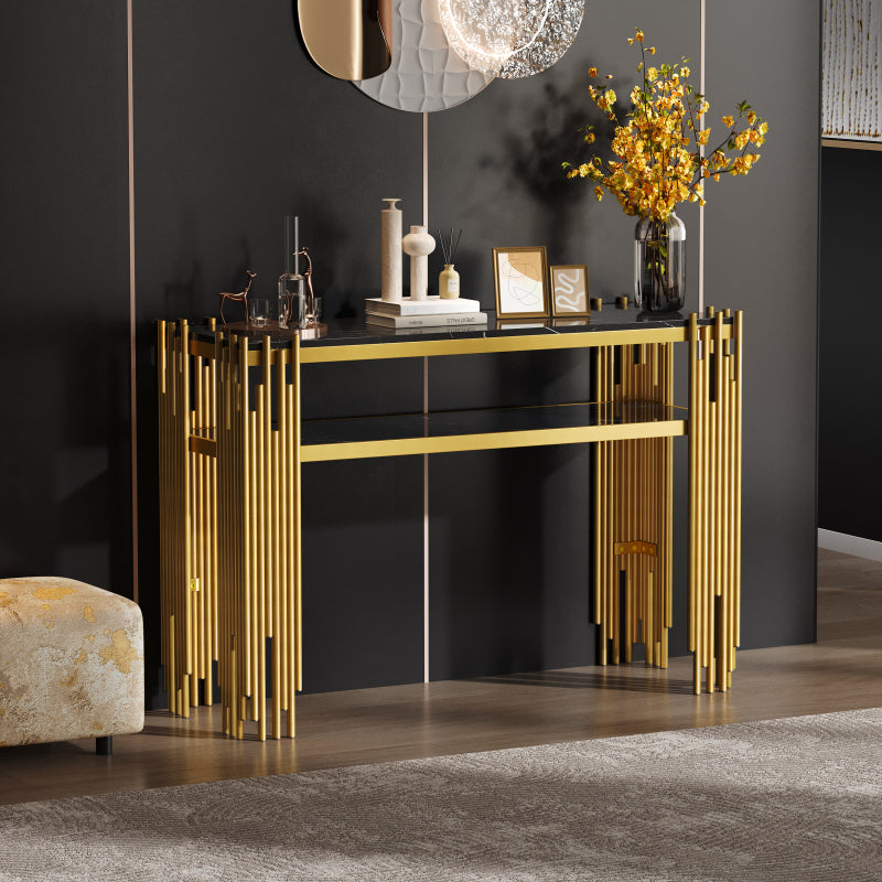 Mid-Century Modern Wohnzimmer Beistelltisch, Konsolentisch, Schwarzer Korpus mit goldenen Beinen, Doppelschicht MDF, Belastbarkeit bis 40 kg