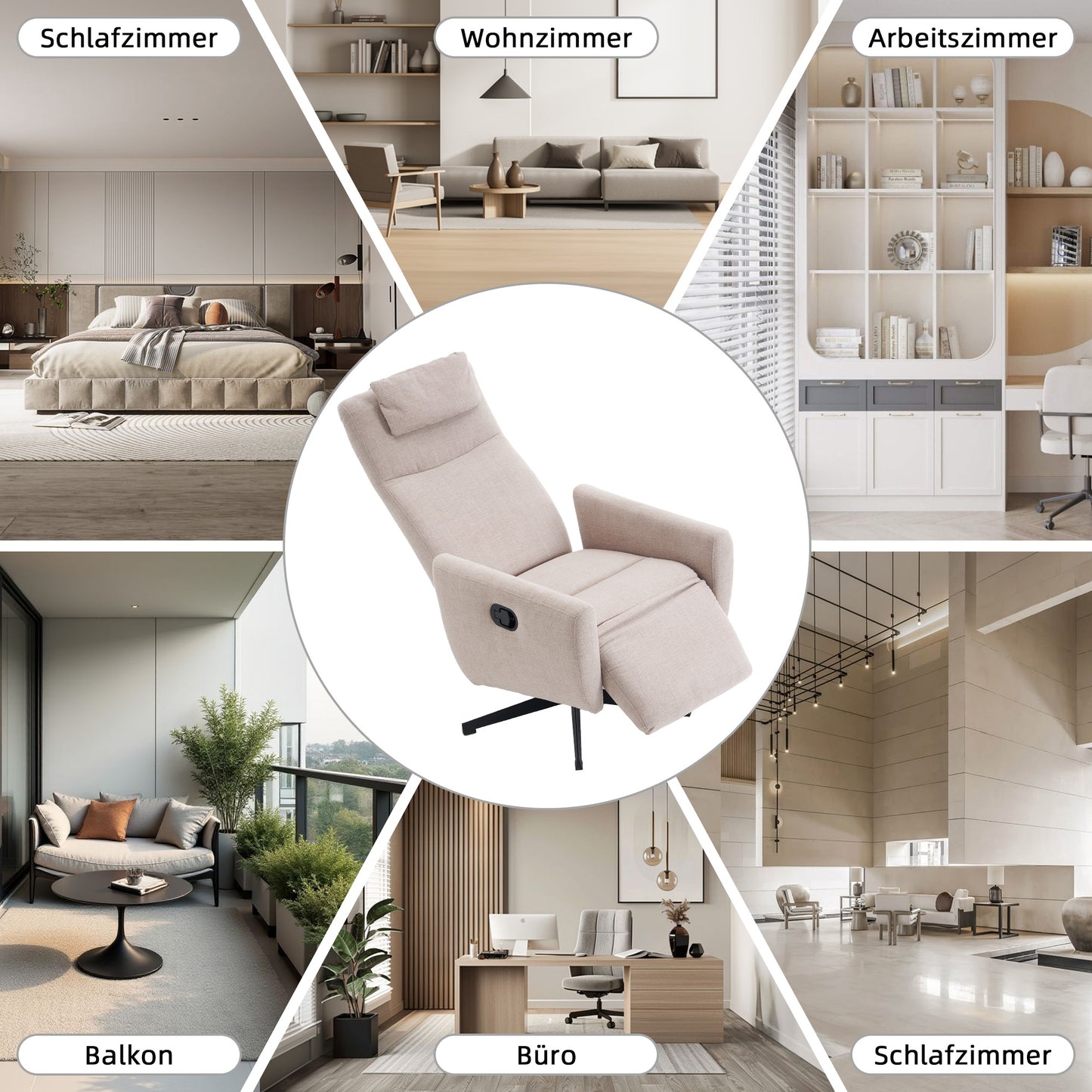 Bequemer Relaxsessel mit Liegefunktion – Chenille Fernsehsessel mit Fußstütze, drehbarer Stillsessel & Loungesessel für Wohnzimmer, modernes Sofa, Grau
