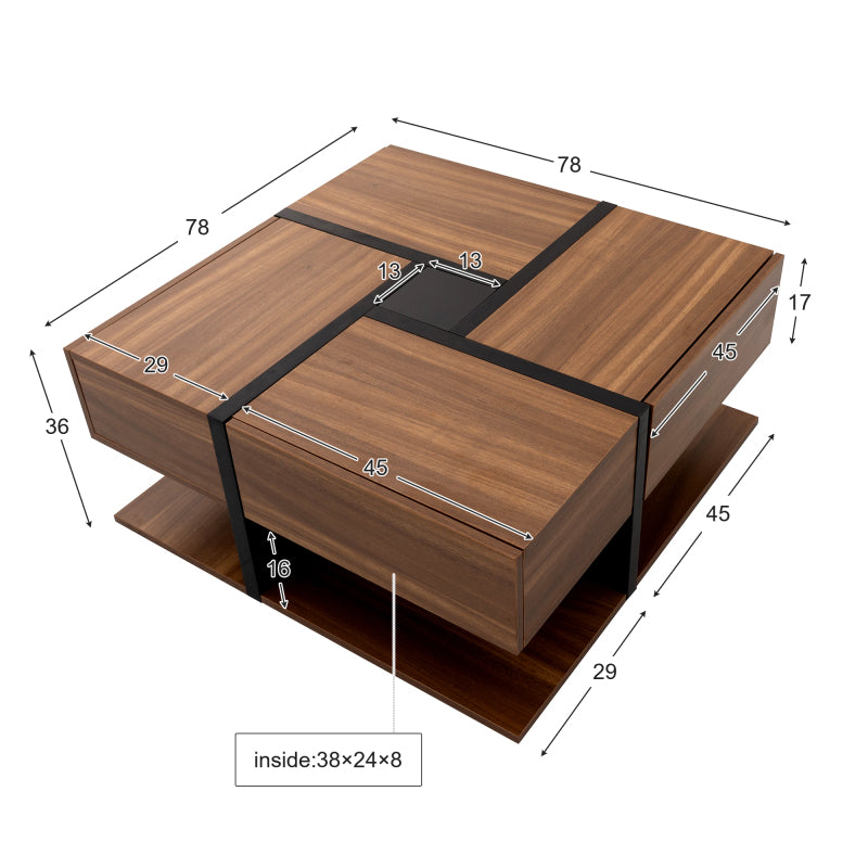 Couchtisch, Tisch mit 4 Schubladen, einzigartige Farbabstimmung und Liniendesign, Stauraum unten. 78*78*36cm