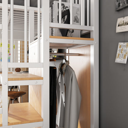 Eisenbett, Etagenbett, Hochbett, Geeignet für Kinder und Jugendliche, mit Tisch und Kleiderschrank, Seitenleiter mit Handlauf, Eisen+Spanplatte, Weiß+Natur, 90x200cm