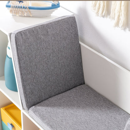 Kinderregal Bücherregal mit Sitzhocker Kindersitzbank mit 6 Fächern Sitztruhe mit 3 Kissen Spielzeugkiste ab 3 Jahren Weiß+Grau