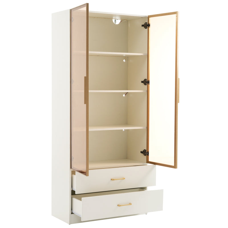 Badezimmerschrank, mittel, mit Lichtleiste, 75 cm breit, mit 2 großen Schubladen und 2 Türen, Glastür