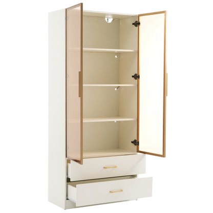 Badezimmerschrank, mittel, mit Lichtleiste, 75 cm breit, mit 2 großen Schubladen und 2 Türen, Glastür