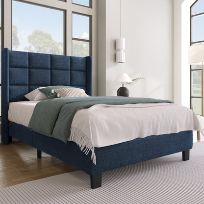 Modernes Design Polsterbett Mit seinem gepolstertes Kopfteil Einzelbett mit Lattenrost, 90x200cm ,in Blau Leinen, mittelfest (Ohne Matratze)