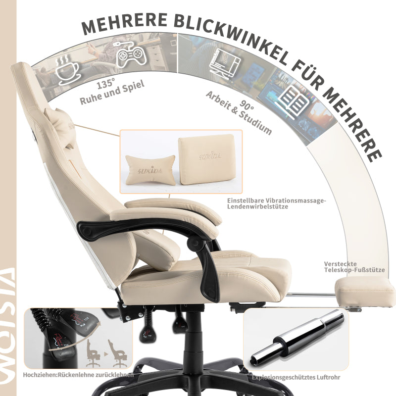 Gaming Stuhl Computerstuhl Ergonomischer Gaming Chair mit Fußstütze Bürostuhl Ergonomischer Computerstuhl mit Lendenwirbelstütze Beige