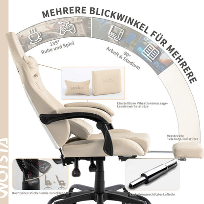 Gaming Stuhl Computerstuhl Ergonomischer Gaming Chair mit Fußstütze Bürostuhl Ergonomischer Computerstuhl mit Lendenwirbelstütze Beige