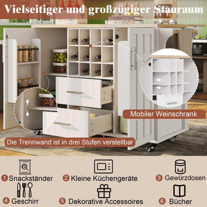 Kücheninsel mit herausnehmbaren Trennwänden, Esszimmerwagen mit Arbeitsplatte, Buffetschrank, Esszimmerwagen mit Holzmaserung, seitlicher Handtuchhalter, mit Weinregal, mit Rollen, weiß