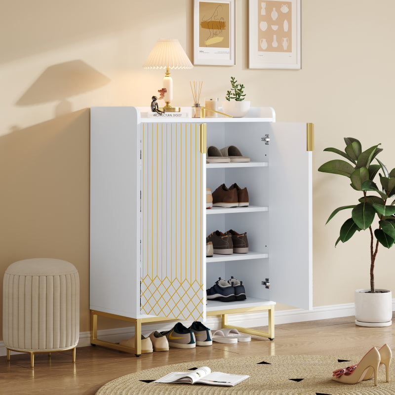 Moderner weißer Schuhschrank mit goldenen Metallbeinen, Aufbewahrungsschrank mit goldfarbenen Schranktüren, 75*37*105CM.