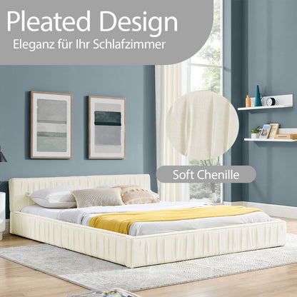 Doppelbett 160*200cm, mit Samtweichem Chenille-Bezug, Aus Ökologischem Eukalyptusholz und Stabiler Eisenrahmen, Beige (ohne Matratze)