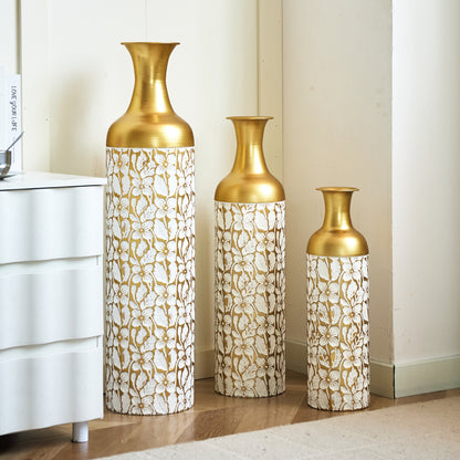 3er Set Bodenvase Metall, Weiß-Gold, Retro Stil, 83/65/50 cm hoch