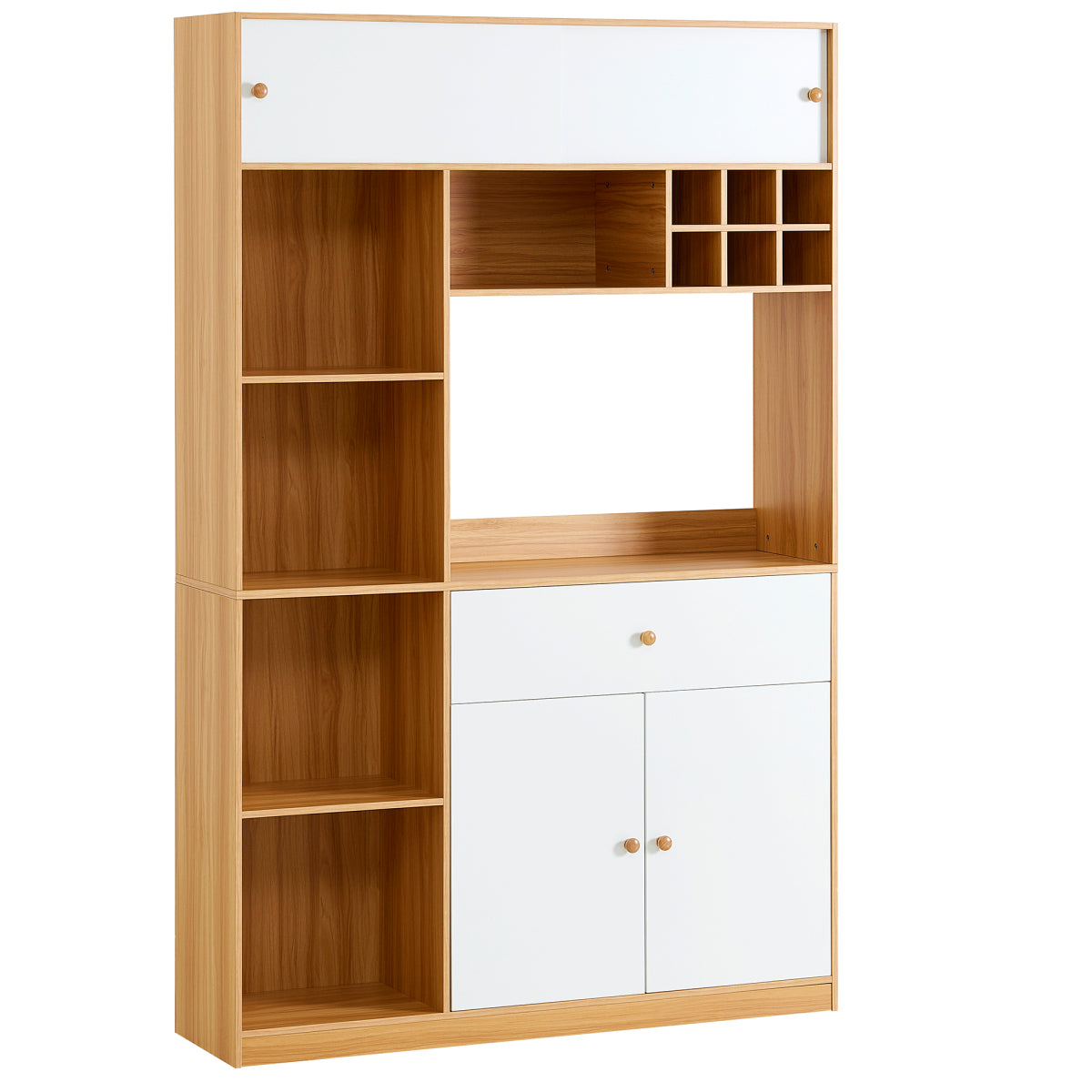 Küchenschrank 115×35×180 cm mit LED, Küchenbuffet mit Schublade, 3 Türen & Regalen, Hochschrank für Mikrowelle – Weiß/Natur