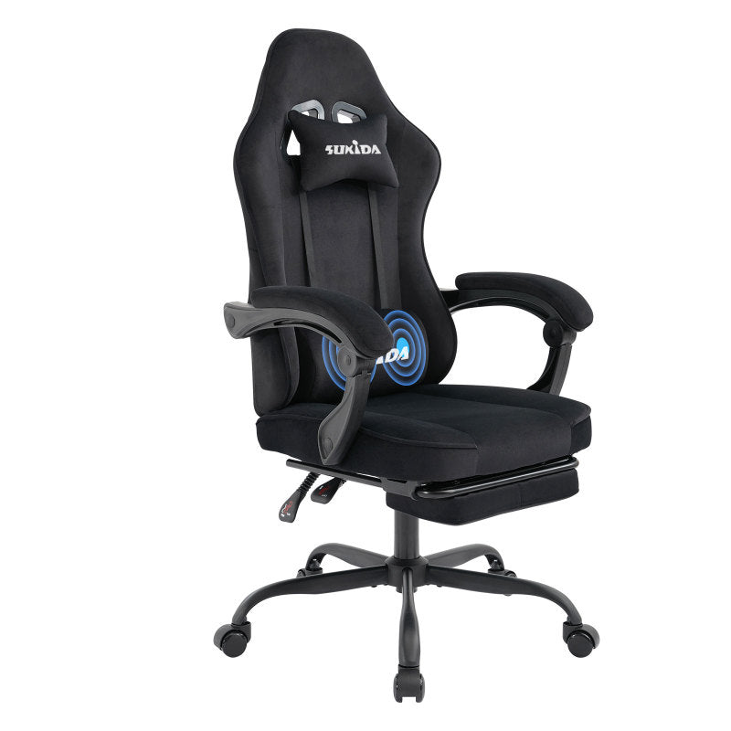 Gaming Stuhl Stoff, Ergonomischer Gaming Chair mit Fußstütze, Verstellbarer Racing Computerstuhl mit Lordosenstütze, Schwarz Ergonomisch PC-Stuhl