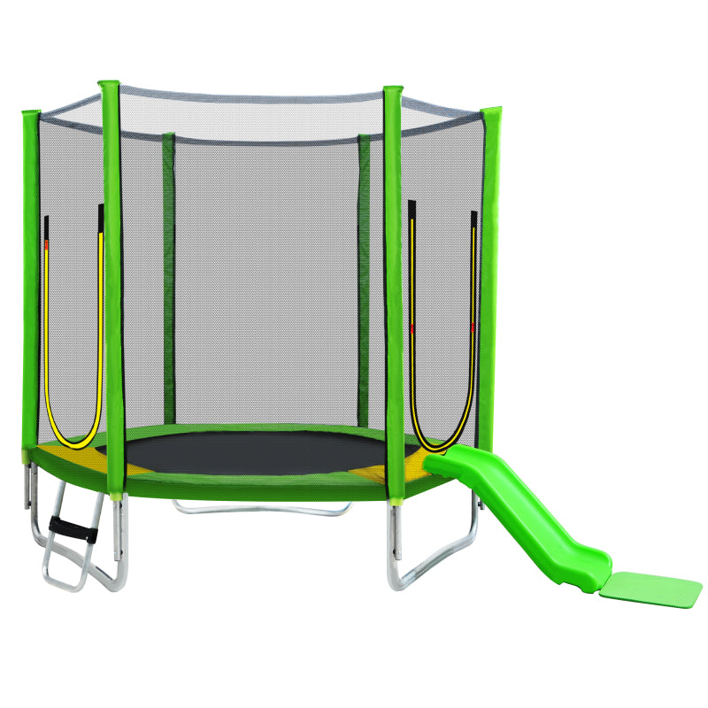 Kinder Trampolin Outdoor Ø 213 cm Gartentrampolin mit Rutsche, Leiter, Netz, Doppeltür und Gepolsterten Stangen,TÜV Zertifiziert,bis 100 kg