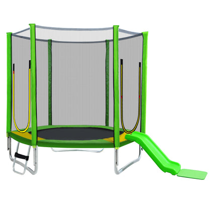 Kinder Trampolin Outdoor Ø 213 cm Gartentrampolin mit Rutsche, Leiter, Netz, Doppeltür und Gepolsterten Stangen,TÜV Zertifiziert,bis 100 kg