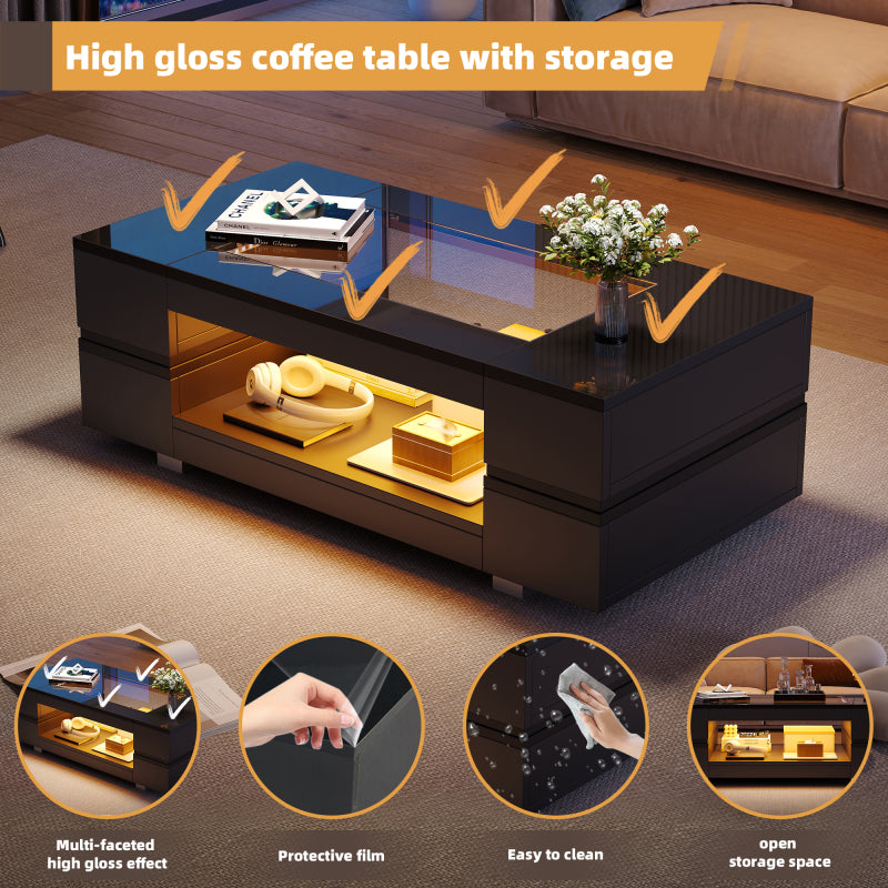 Schwarzer LED-Couchtisch mit Bluetooth-App-Steuerung, doppelschichtiger Hochglanz-Hohldesigntisch, geeignet für Partys, Büros, Wohnzimmer