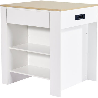 Ausziehbarer Bartisch mit Stauraum(110-124×78×97.5cm), für 2-6 Personen, Kücheninseln mit 2 Schubladen, 2 seitliche offene Regale und eingebaute Steckdose,Tischplatte aus weiß marmoriertem MDF,Weiß