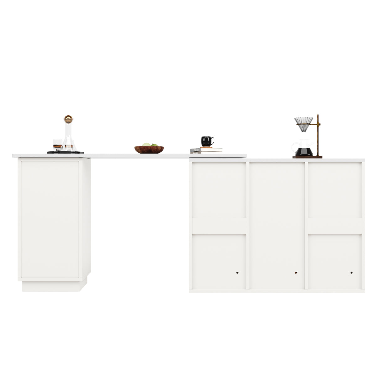 360° Drehbarer Bartisch 210cm L-Form Kücheninsel mit Marmor-Optik Arbeitsplatte, Moderner Tresen & Aufbewahrungsschrank Weiß, Sideboard