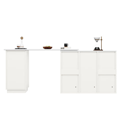 360° Drehbarer Bartisch 210cm L-Form Kücheninsel mit Marmor-Optik Arbeitsplatte, Moderner Tresen & Aufbewahrungsschrank Weiß, Sideboard