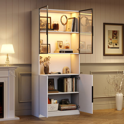 Moderne Vitrine Weiß 80x30x200cm - Glasschrank mit LED-Beleuchtung, Einstellbare Helligkeit & Farbtemperatur, Bücherregal für Sammlerstücke, weiß