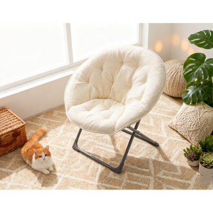 Klappbarer Moon Chair Schafwolle-Bezug, XXL, Traglast 110 kg, Platzsparend, Beige