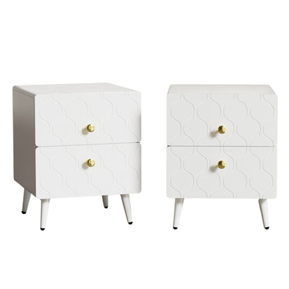 Moderner Nachttisch, vergoldete Griffe, Wellenmuster, 2er-Set, mit 2 Schubladen, lackiert, Ecken mit stoßfestem Design, 39,5 B*40 T*50 H cm, Weiß