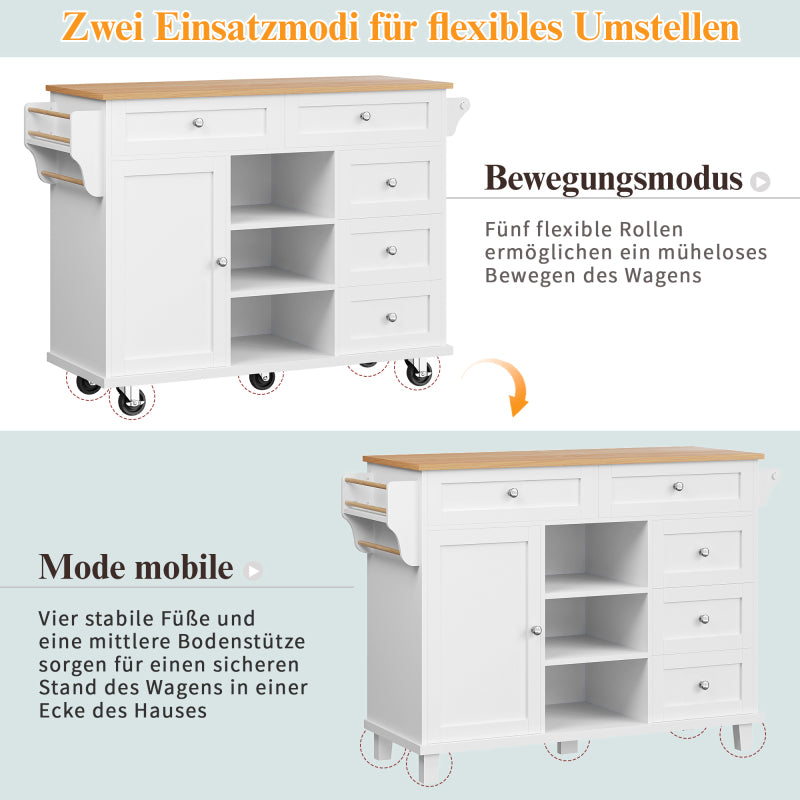 Speisewagen (134 x 46 x 92 cm), moderner und einfacher weißer Speisewagen, kombiniertes Schubladen-Aufbewahrungsschrank-Design, mobiles und festes Dual-Use-Design, geeignet für Privat- und Gewerbeküch