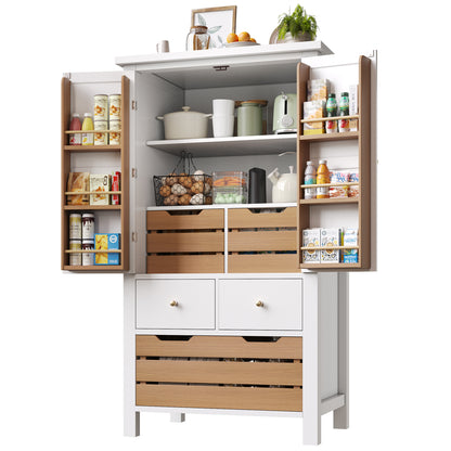 Küchenschrank 140cm hoch, Buffet-Schrank mit 2 Türen & 5 Schubladen, Mehrzweckschrank Weiß, Sideboard Vorratsschrank mit Kippschutz, 80x40cm