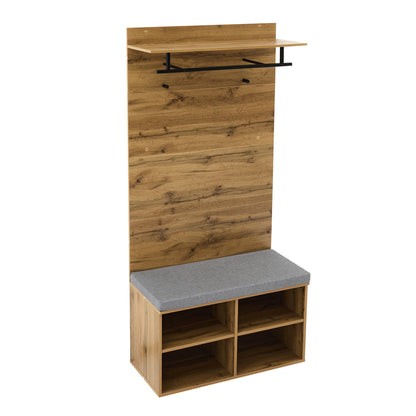 Garderobenset in Holzoptik mit Schuhbank, verstellbarem Regal, Kleiderstange und Polster, Praktische Flurmöbel