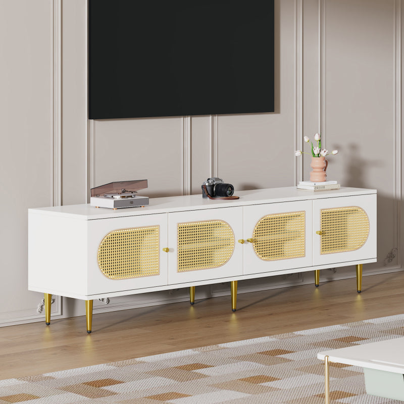 Weißer Rattan-TV-Schrank 180x40x50 cm - 4 Rattan-Türen, verstellbare Einlegeböden und Kabelmanagement für Fernseher bis 80 Zoll, TV-Schrank,Lowboards