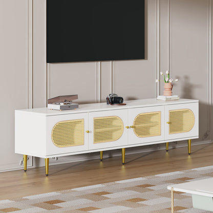 Weißer Rattan-TV-Schrank 180x40x50 cm - 4 Rattan-Türen, verstellbare Einlegeböden und Kabelmanagement für Fernseher bis 80 Zoll, TV-Schrank,Lowboards