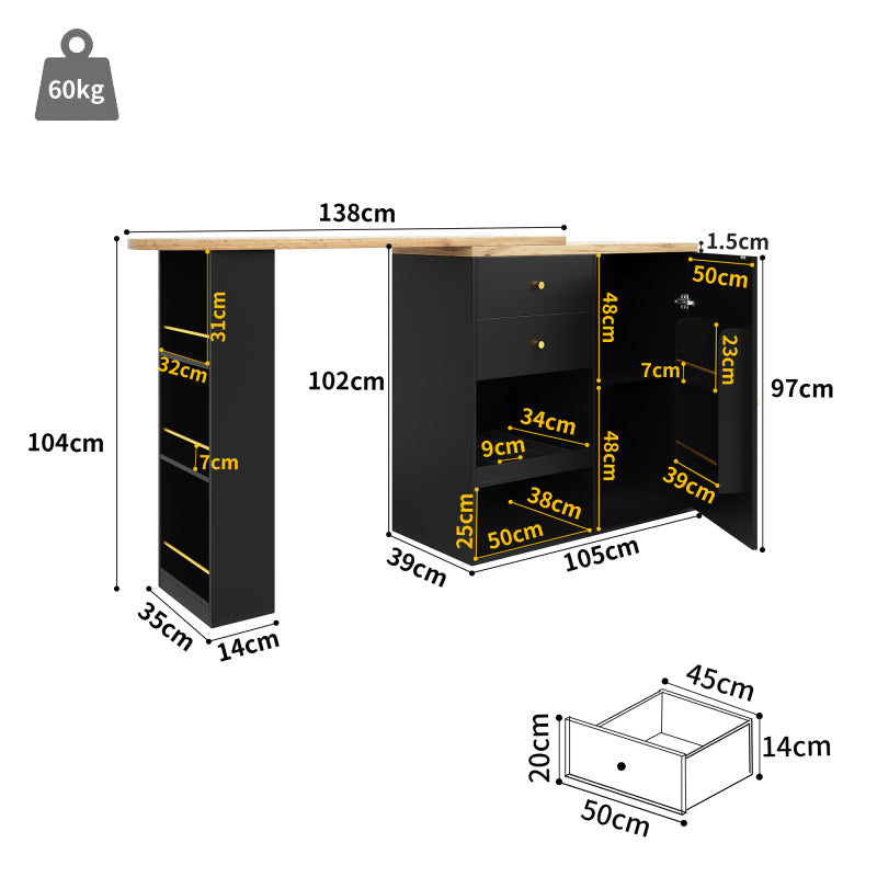 Um 360° drehbarer Bartisch (Hauptkörper 105 x 39 x 102 cm), mit 2 Schubladen und Schiebetürschrank, 3 Ebenen offener Stauraum, geeignet für Esszimmer/Arbeitszimmer/Wohnzimmer usw