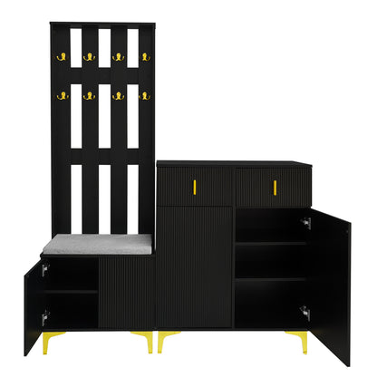 Garderoben-Set mit Schuhschrank & Sitzbank, Wellenfront, Push-to-Open, goldene Haken & Füße, Schwarz