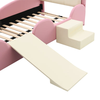 Polsterbett, Crown Cartoon Bett, Mit Multi-Mode-LED-Streifen, Kinderbett mit kleiner Rutsche und Treppe, mit schützenden weichen Kanten, mit Holzlatten, PU, Rosa + Beige, 90x200cm
