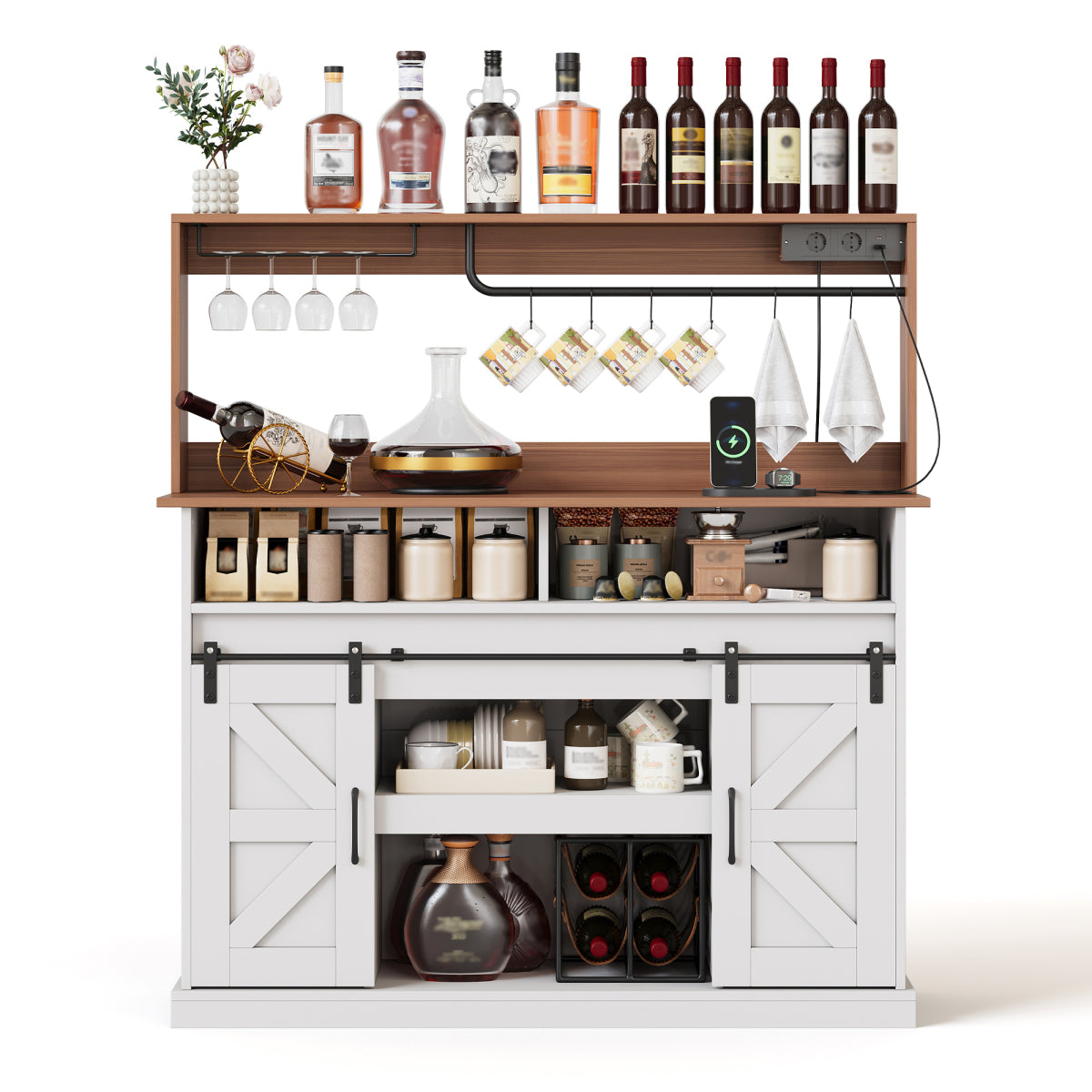Kaffeebar 120 cm mit Gläserhalter & Steckdosen, Sideboard im Landhausstil mit Schiebetüren – Weiß/Natur