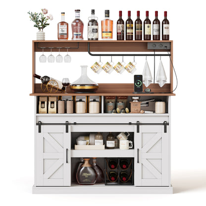 Kaffeebar 120 cm mit Gläserhalter & Steckdosen, Sideboard im Landhausstil mit Schiebetüren – Weiß/Natur