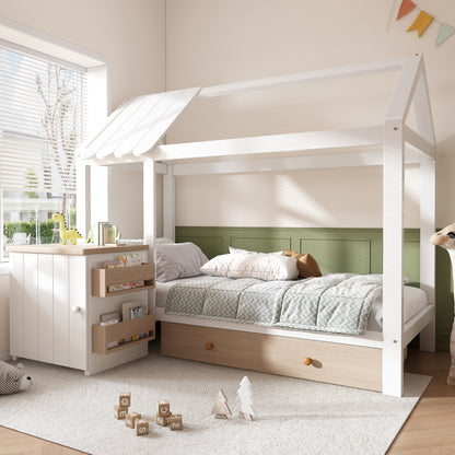 Hausbett Kinderbett 90x200 cm aus Massivholz mit Schubladen & abnehmbarem Nachttisch - Bodenbett in Weiß und Eichenweiß, ohne Matratze