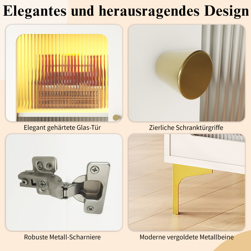Modernes und schlichtes weißes Sideboard (140 x 40 x 90 cm), Changhong-Glastür-Design, integriertes warmes Umgebungslicht, mit dekorativen Metalldetails und viel Stauraum, geeignet für Esszimmer