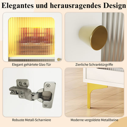 Modernes und schlichtes weißes Sideboard (140 x 40 x 90 cm), Changhong-Glastür-Design, integriertes warmes Umgebungslicht, mit dekorativen Metalldetails und viel Stauraum, geeignet für Esszimmer