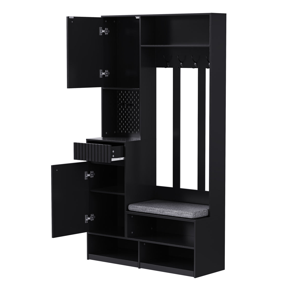 Garderobenset mit Sitzbank, Pegboard, 4 Haken, 2 Schubladen & Schrank, MDF, Schwarz, 100×35×180 cm