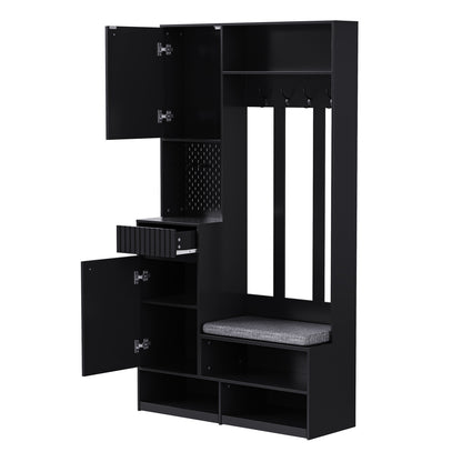 Garderobenset mit Sitzbank, Pegboard, 4 Haken, 2 Schubladen & Schrank, MDF, Schwarz, 100×35×180 cm