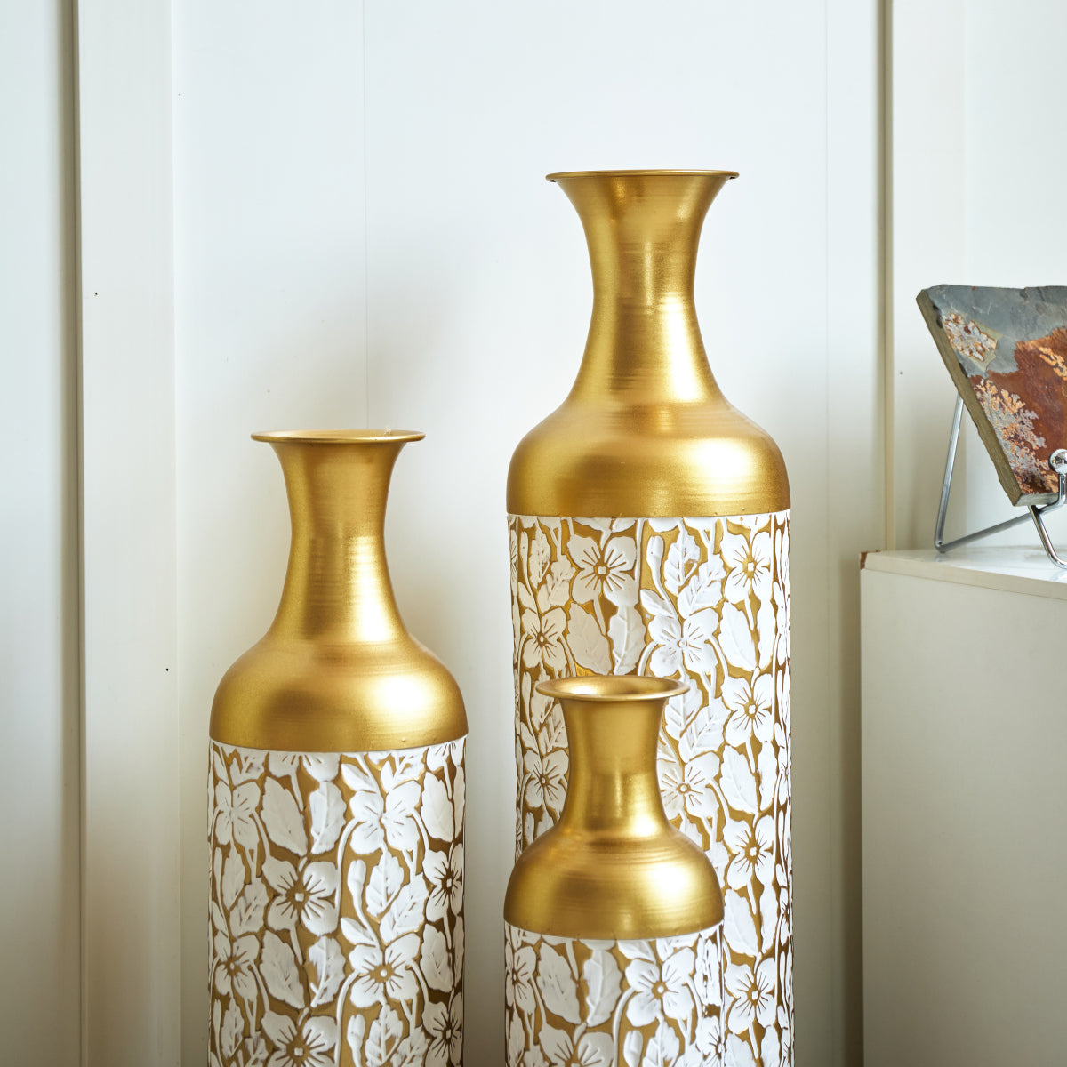 3er Set Bodenvase Metall, Weiß-Gold, Retro Stil, 83/65/50 cm hoch