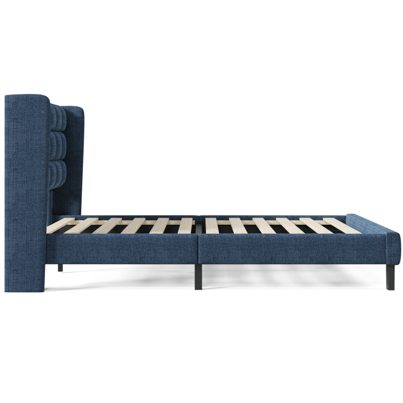 Polsterbett Mit seinem gepolstertes Kopfteil Doppelbett mit Lattenrost, 140x200cm ,in Blau Leinen, mittelfest(Ohne Matratze)