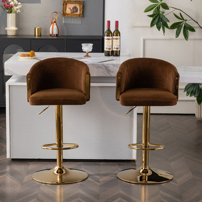 Moderner drehbarer höhenverstellbarer Barhocker, moderner Barhocker für Küche, Bar und Restaurant Theken, Hubhocker mit Rückenlehne und goldener Fußstütze (brown.Set of 2)