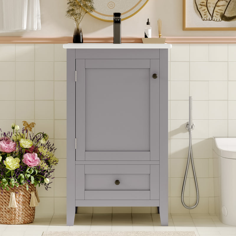 51x46x85cm Bodenstehender Badezimmerschrank mit Waschbe, Waschtisch,komplett lackiert, Türablage, geräuschlose Schublade mit großem Fassungsvermögen, verstellbares Regal, Keramikwaschbecken, Grau