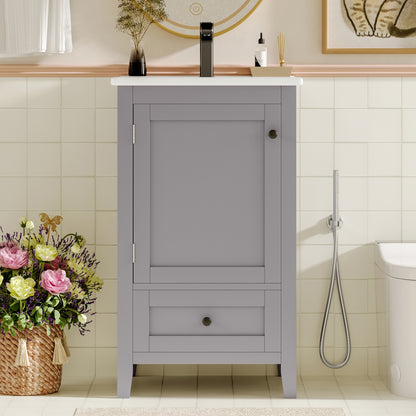 51x46x85cm Bodenstehender Badezimmerschrank mit Waschbe, Waschtisch,komplett lackiert, Türablage, geräuschlose Schublade mit großem Fassungsvermögen, verstellbares Regal, Keramikwaschbecken, Grau