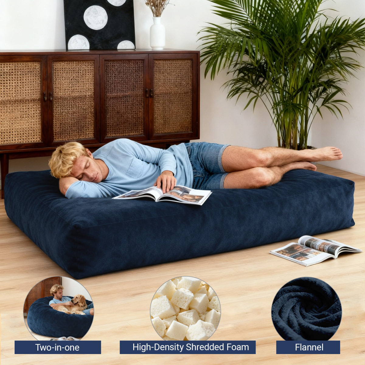 DBC-LANSE 2-in-1 Sitzsack & Gästebett - Wandelbarer Sessel aus Chenille - Ergonomisches Design - Blau
